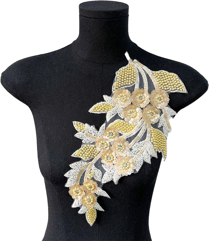 SAIXCCS 1pc Large Flower Rhinestone Applique Yellow, Embroidery Sequin Patches for Clothes,Beaded Lace Applique for Wedding Bridal Dress Bodice Hat Sewing Craft for Girl Embellishment(Yellow) - Image 3
